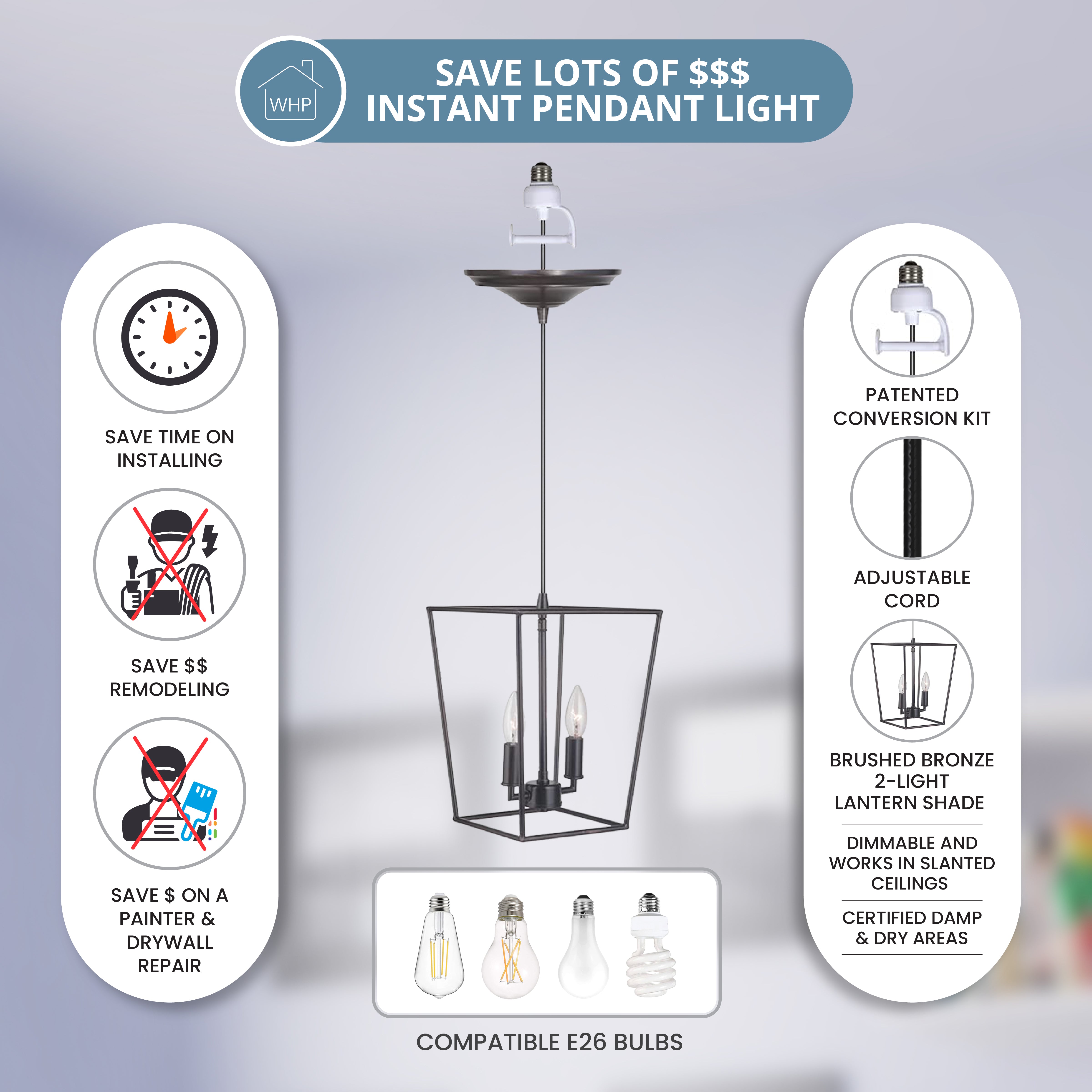 2-light lantern in brushed bronze. Cord adjusts to 48" Save money on without expensive remodel