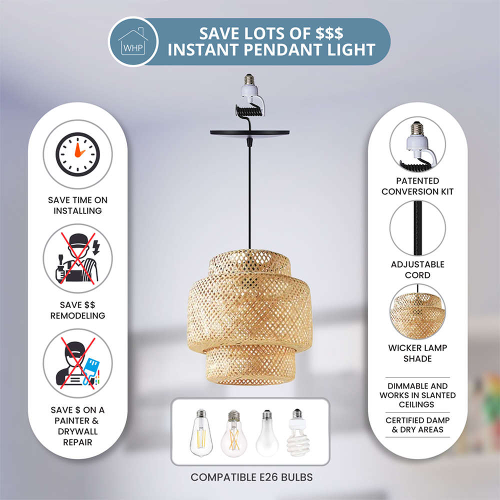 Small 11 inch 3-Tier Bamboo Shade w/ Matte Black Recessed Can Conversion Kit