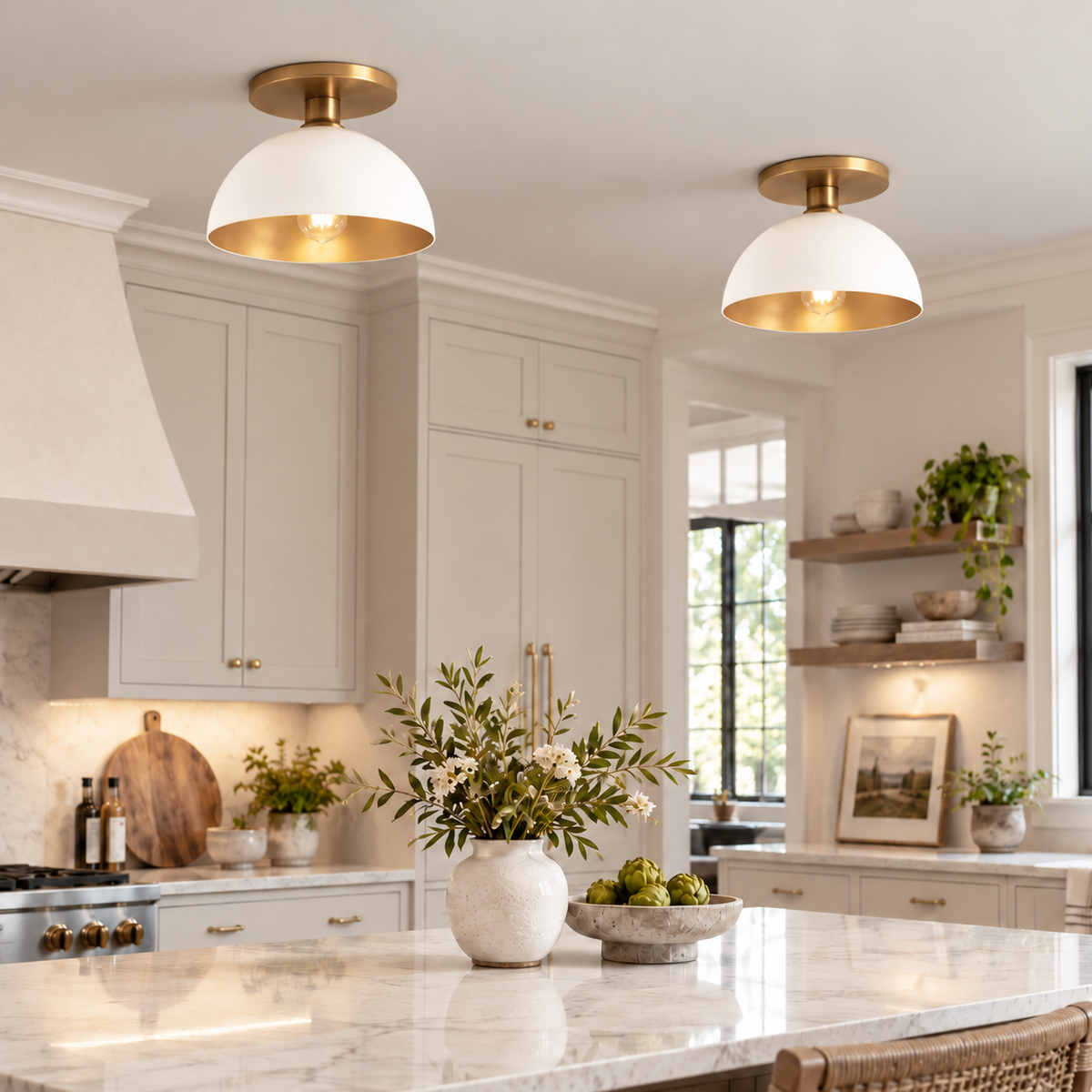 Satin Brass Worth Home Products Instant Flush Mount with White Metal Dome in Contemporary Kitchen