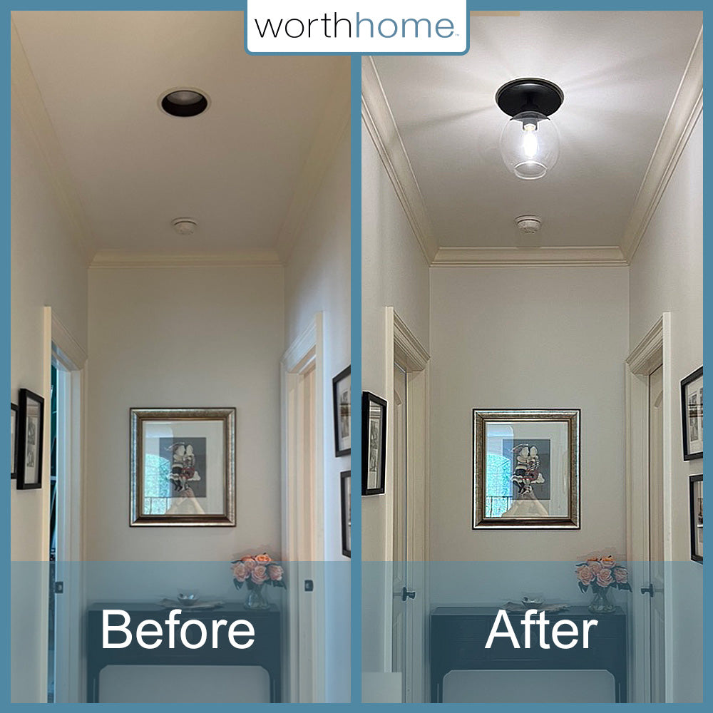 Before and after Matte Black Clear Globe Instant Semi Flush 6" Recessed Conversion Kit