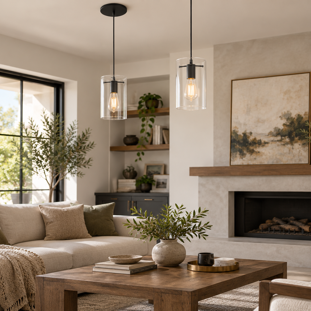 Matte Black Instant Pendant Light - Recessed Can Conversion Kit with Cylinder Glass Shade