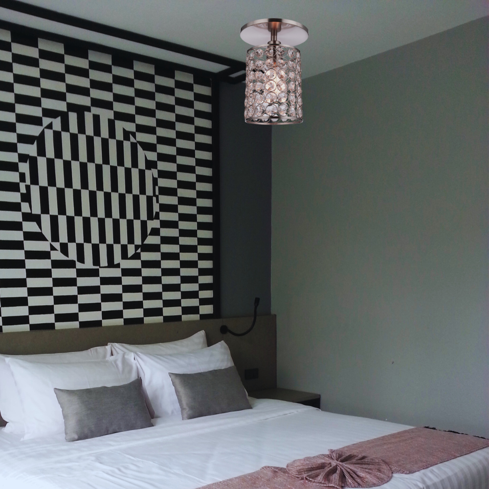 Brushed Nickel Crystal Instant Flush Mount installed in bedroom