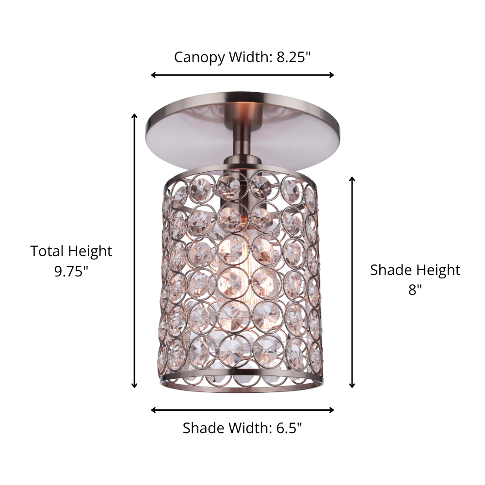 Brushed Nickel Crystal Instant Flush Mount shade measures 6.5" wide and 8" tall