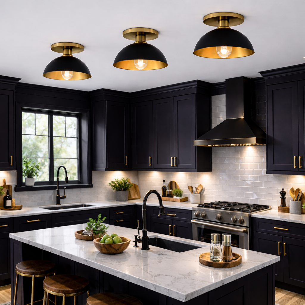 Satin Brass Flush Mount Light with Matte Black and Gold Dome in a kitchen