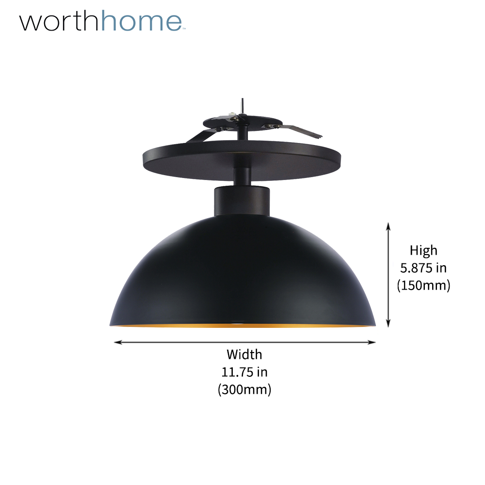 Matte Black & Gold Dome Instant Flush Mount Kit measures 5.875" high and 11.75 wide