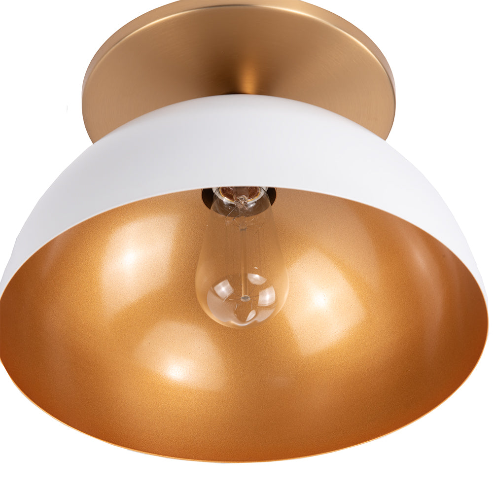 Satin Brass Instant Flush Mount Light - Recessed Can Conversion Kit with Matte White and Gold Metal Dome