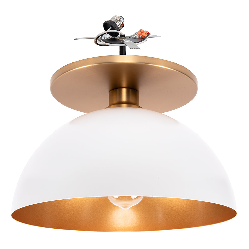 Satin Brass Instant Flush Mount Light - Recessed Can Conversion Kit with Matte White and Gold Metal Dome