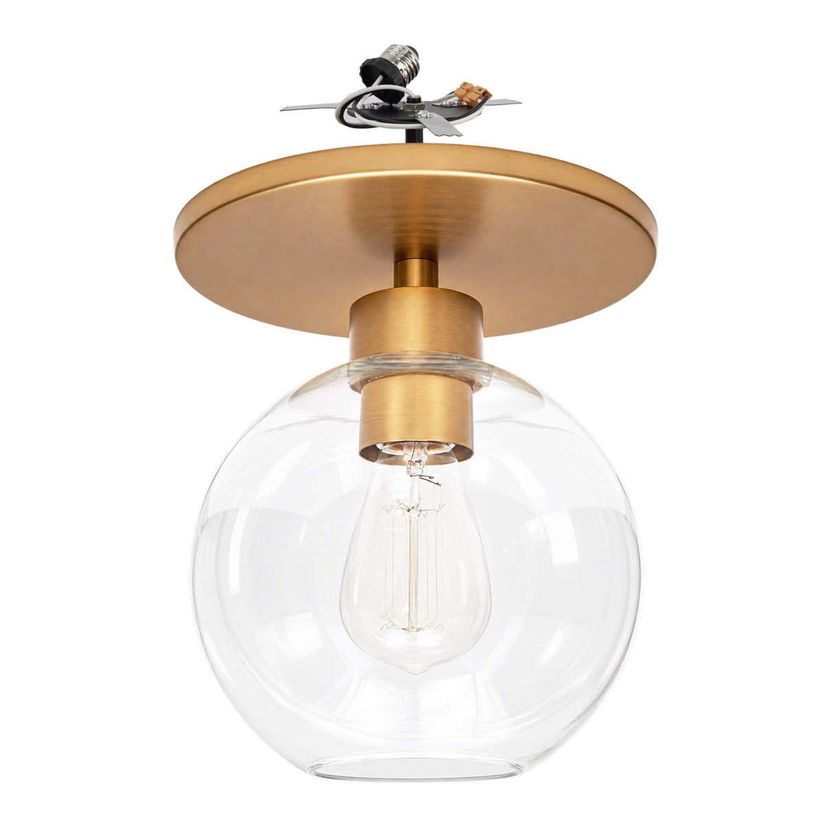 Satin Brass Instant Flush Mount Light - Recessed Can Conversion Kit with Clear Glass Globe