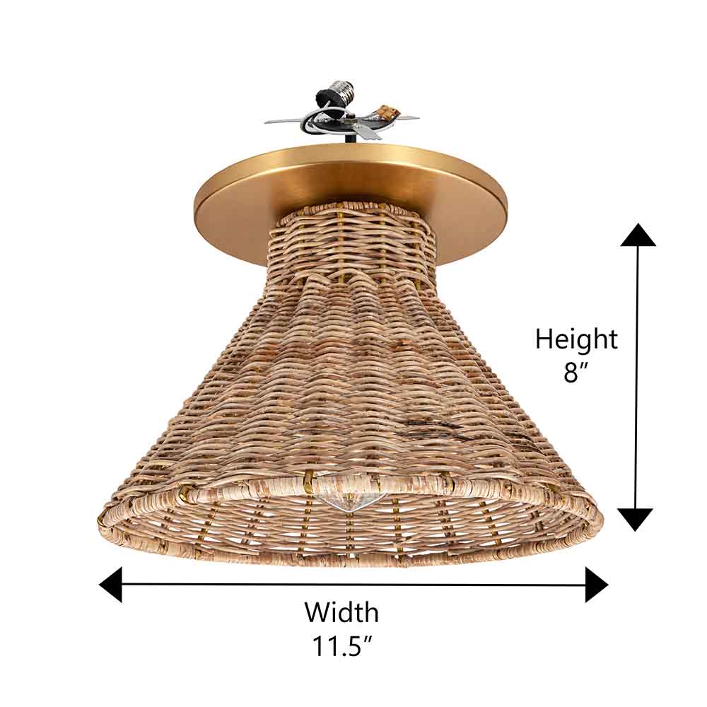 NEW Satin Brass Instant Flush Mount Light - Recessed Can Conversion Kit with Woven Honey Rattan Cone Shade
