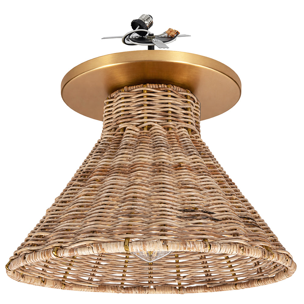 NEW Satin Brass Instant Flush Mount Light - Recessed Can Conversion Kit with Woven Honey Rattan Cone Shade