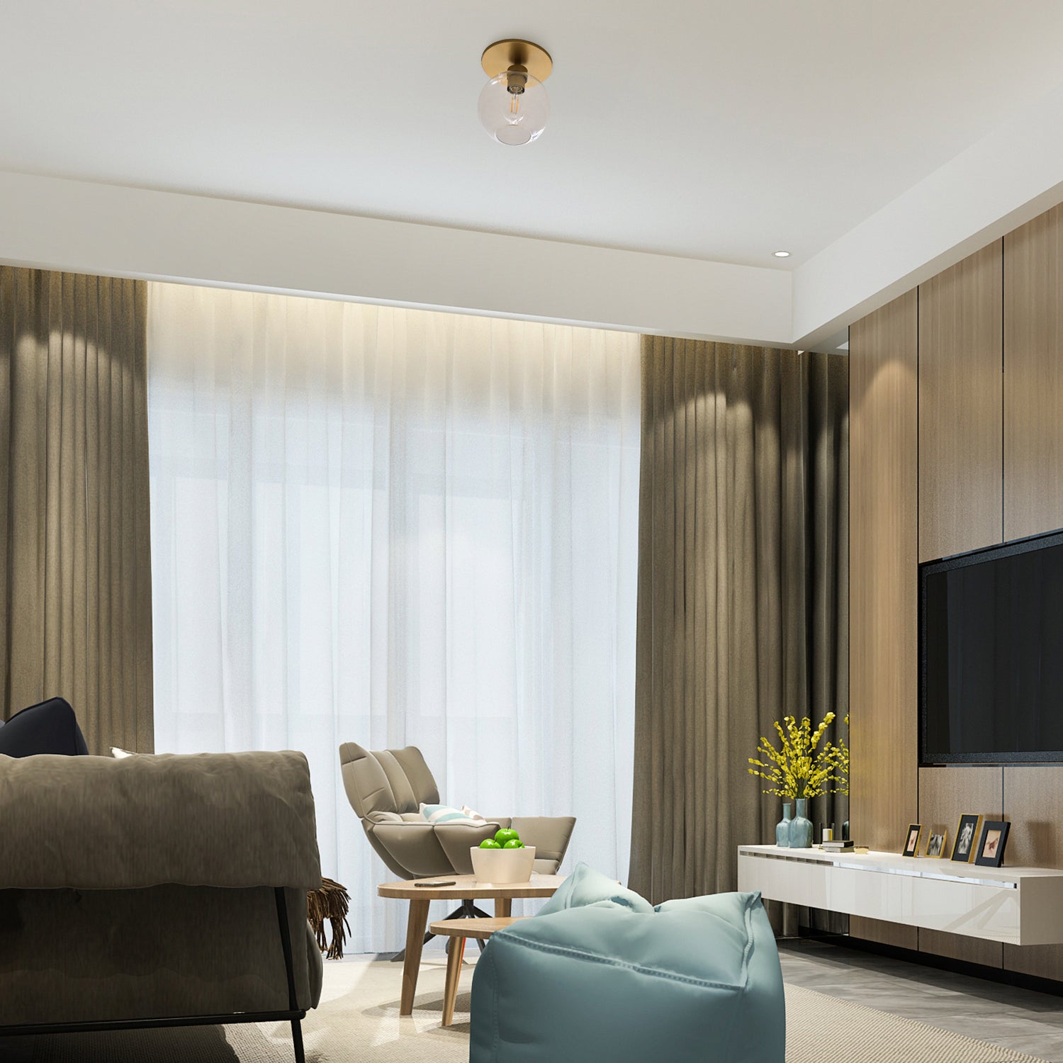Satin Brass Clear Globe Instant Flush Mount Recessed Conversion Kit installed in a living room