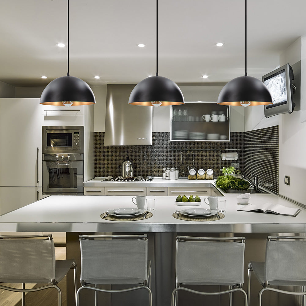 Large Matte Black & Gold Metal Dome Instant Pendant Recessed Can Conversion Kit