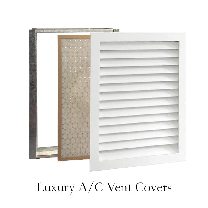 Worth Home's decorative, wood AC vent covers . Paint-ready and adds luxury and sophistication to any decor. Designed to hold 1" air filters. Available in 36+ sizes and ready to ship.