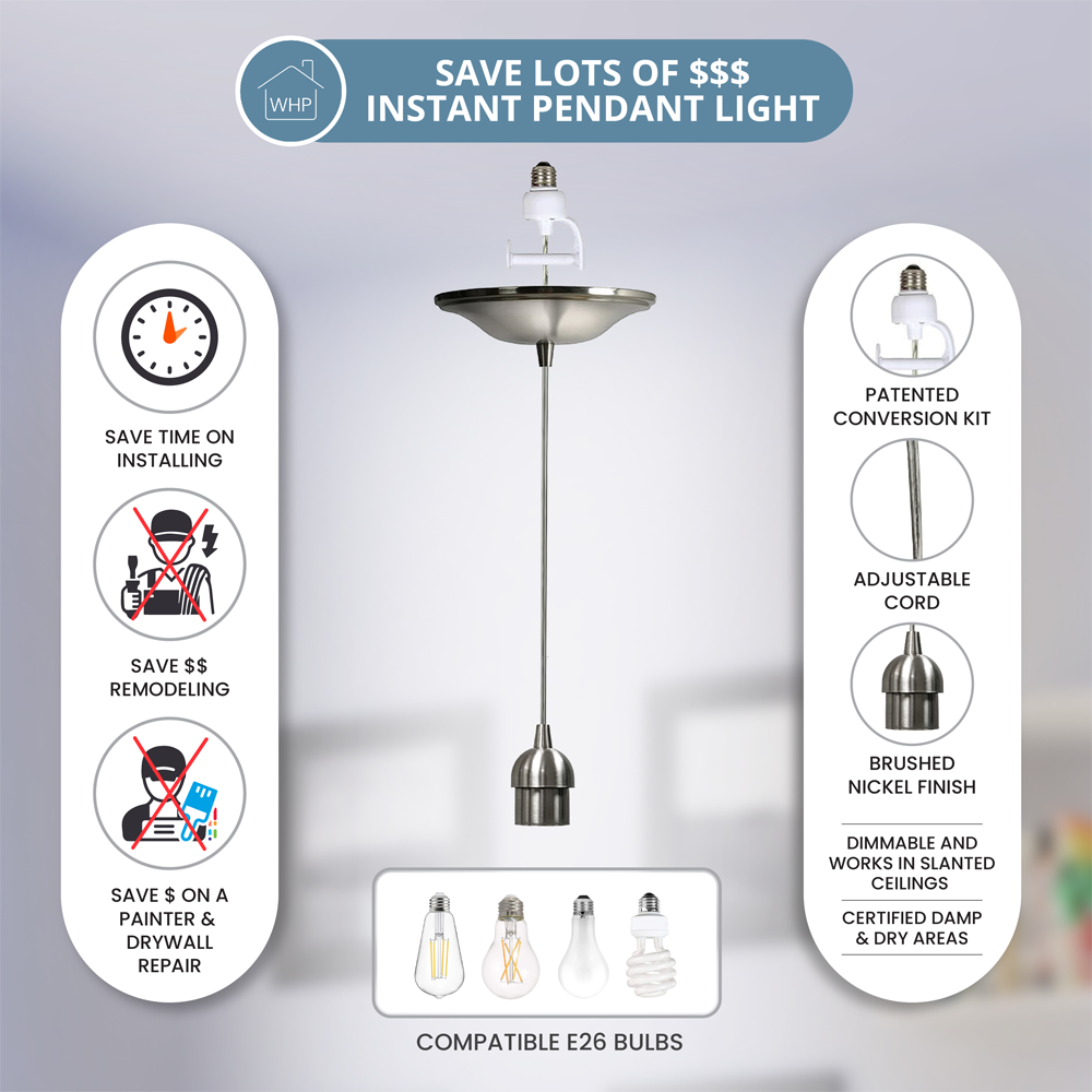 Brushed Nickel Instant Pendant Light features adjustable cord up to 48" and save money on remodeling