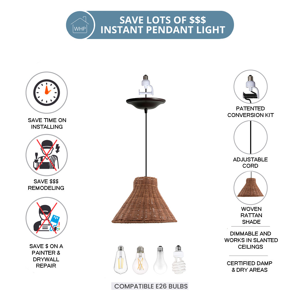 NEW Woven Rattan Cone Shade w/Oil Rubbed Bronze Recessed Can Conversion Kit (SHIPS 10/22)