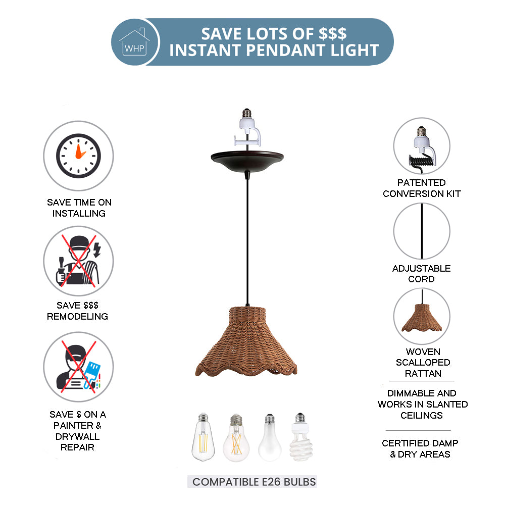 NEW Woven Rattan Scalloped Shade w/Oil Rubbed Bronze Recessed Can Conversion Kit (SHIPS 10/22)