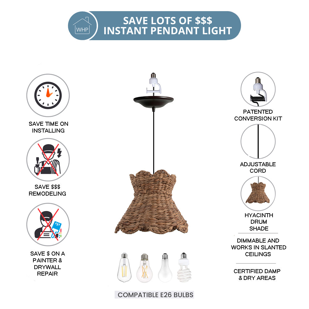 NEW Large 15" Woven Hyacinth Scallop Shade w/ Oil Rubbed Bronze Recessed Can Conversion Kit