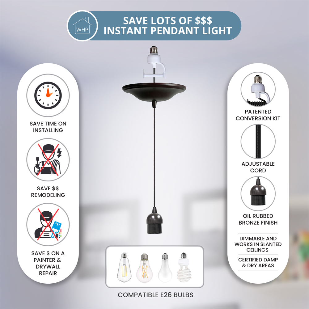 Oil Rubbed Bronze Instant Pendant Light features adjustable cord up to 48". Save money on remodeling