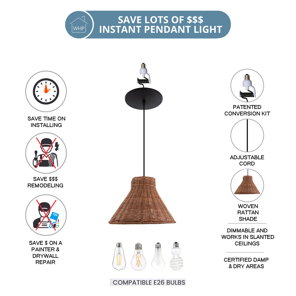 NEW Woven Rattan Cone Shade w/ Matte Black Recessed Can Conversion Kit (SHIPS 10/22)