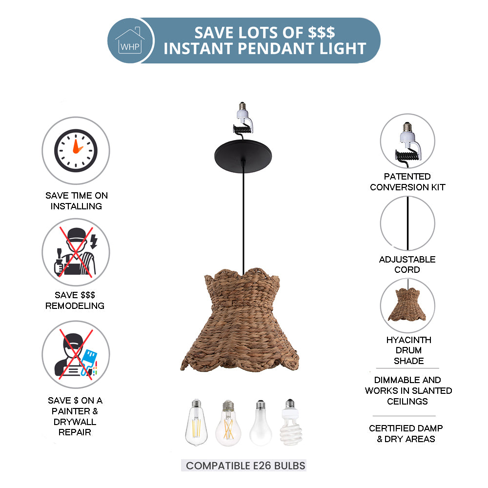 NEW Large Woven Hyacinth Drum Shade w/ Matte Black Recessed Can Conversion Kit (SHIPS 10/22)