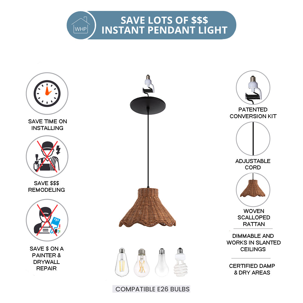 NEW Woven Rattan Scalloped Shade w/ Matte Black Recessed Can Conversion Kit