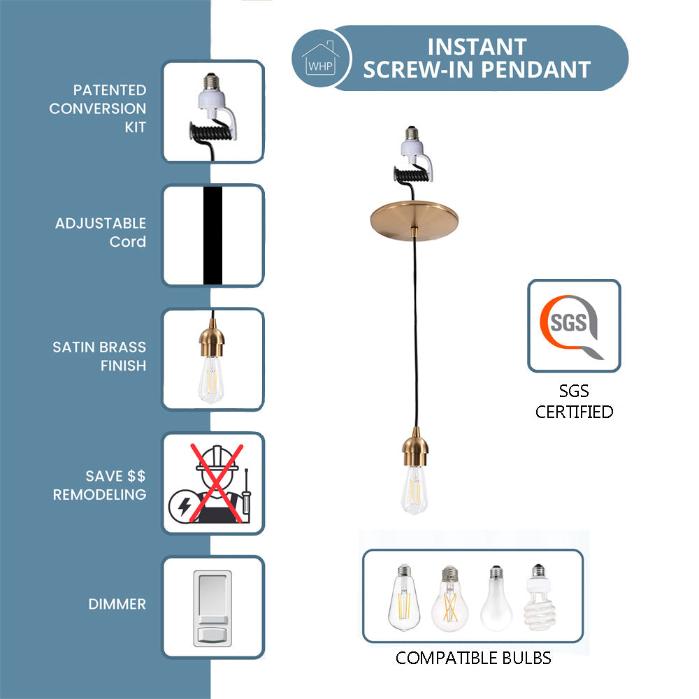Satin Brass Instant Pendant Light features an adjustable cord and saves you money on remodeling.