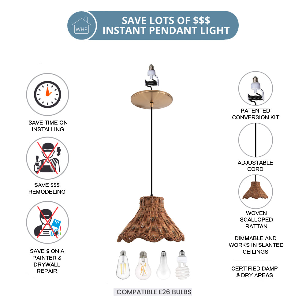 NEW Woven Rattan Scalloped Shade w/ Satin Brass Recessed Can Conversion Kit