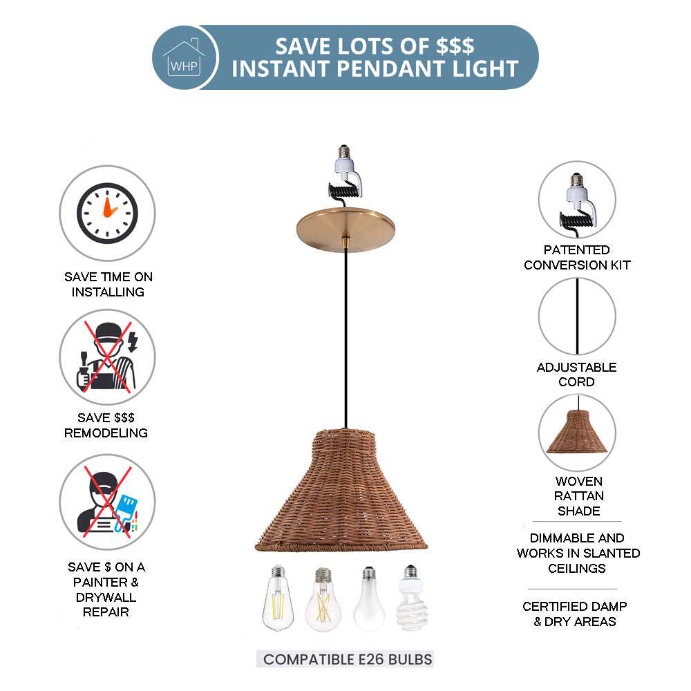 NEW Woven Rattan Cone Shade w/ Satin Brass Recessed Can Conversion Kit