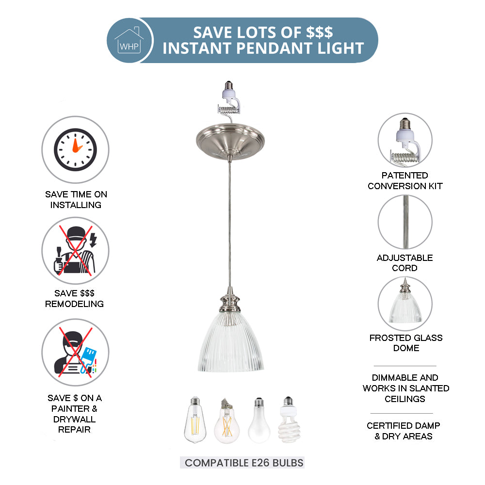 Ribbed Halophane Glass Brushed Nickel Instant Pendant Recessed Can Conversion Kit