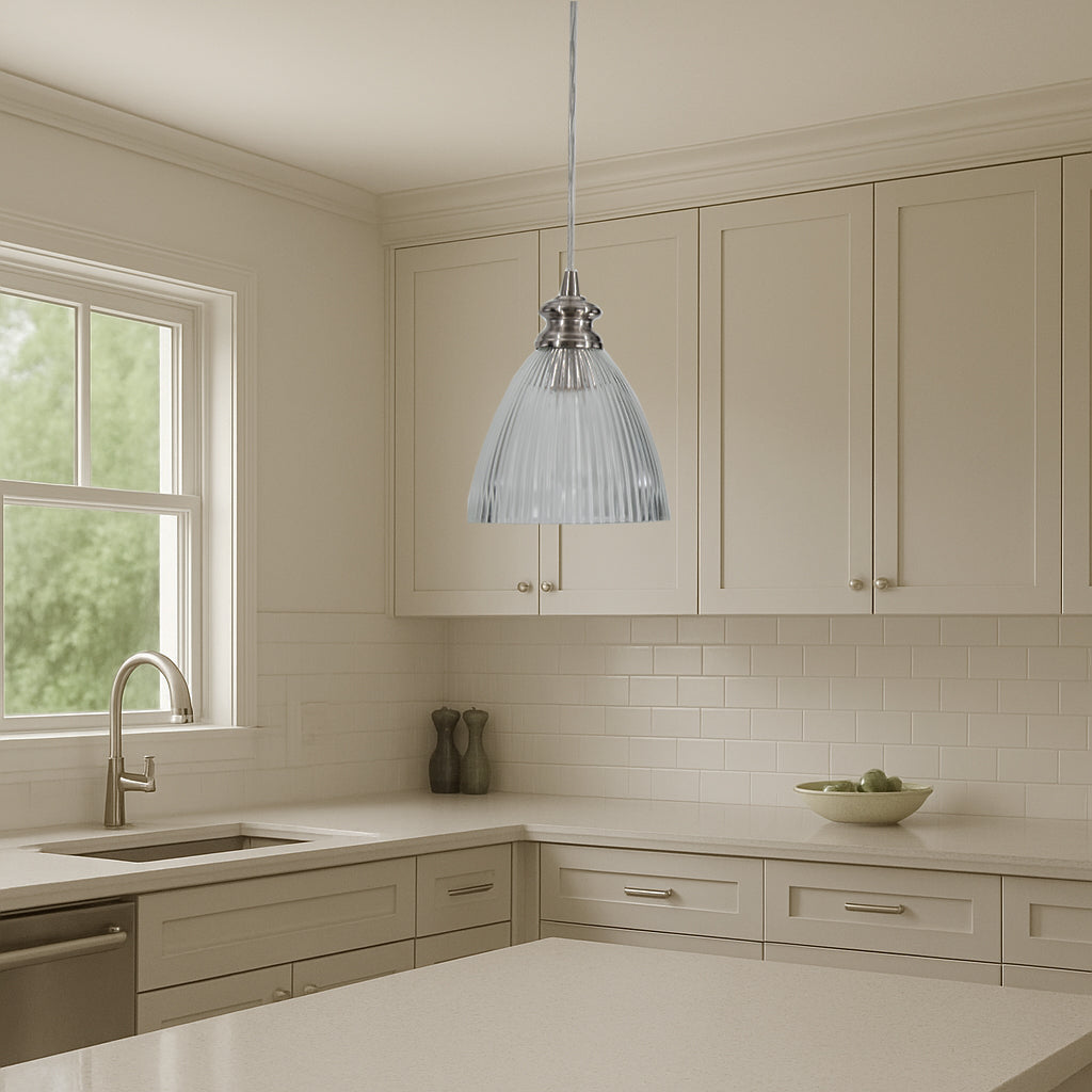 Ribbed Halophane Glass Brushed Nickel Instant Pendant Recessed Can Conversion Kit