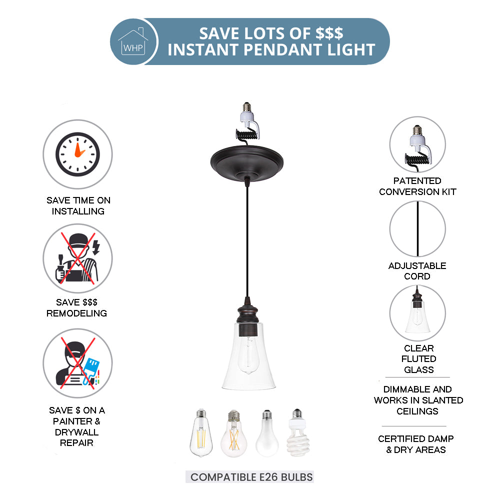 Brushed Bronze Instant Pendant Light - Recessed Can Conversion Kit with Fluted Clear Glass Shade (Pre-Orders Ship 6/12)