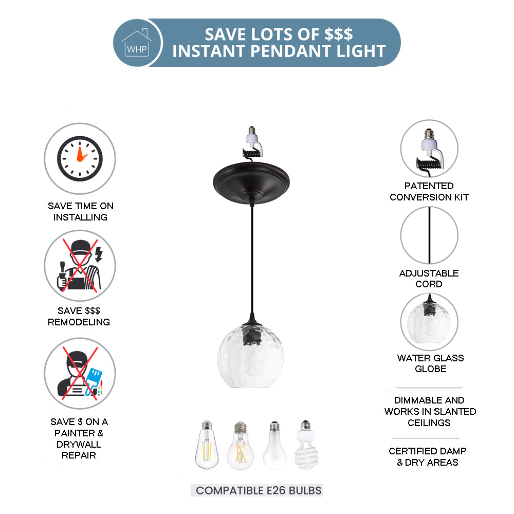 Water Glass Globe Brushed Bronze Instant Pendant Recessed Conversion Kit (SHIPS 3/17)