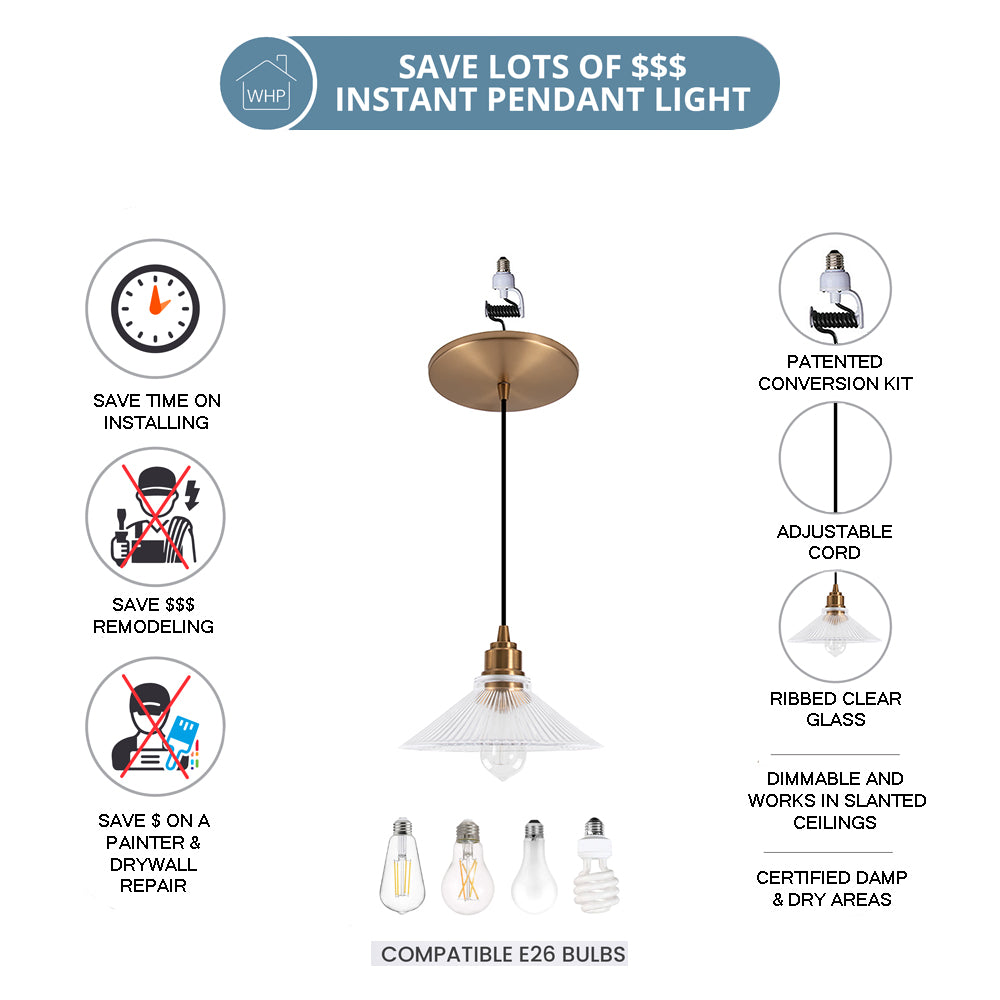 Satin Brass Ribbed Clear Glass Instant Pendant Recessed Can Conversion Kit