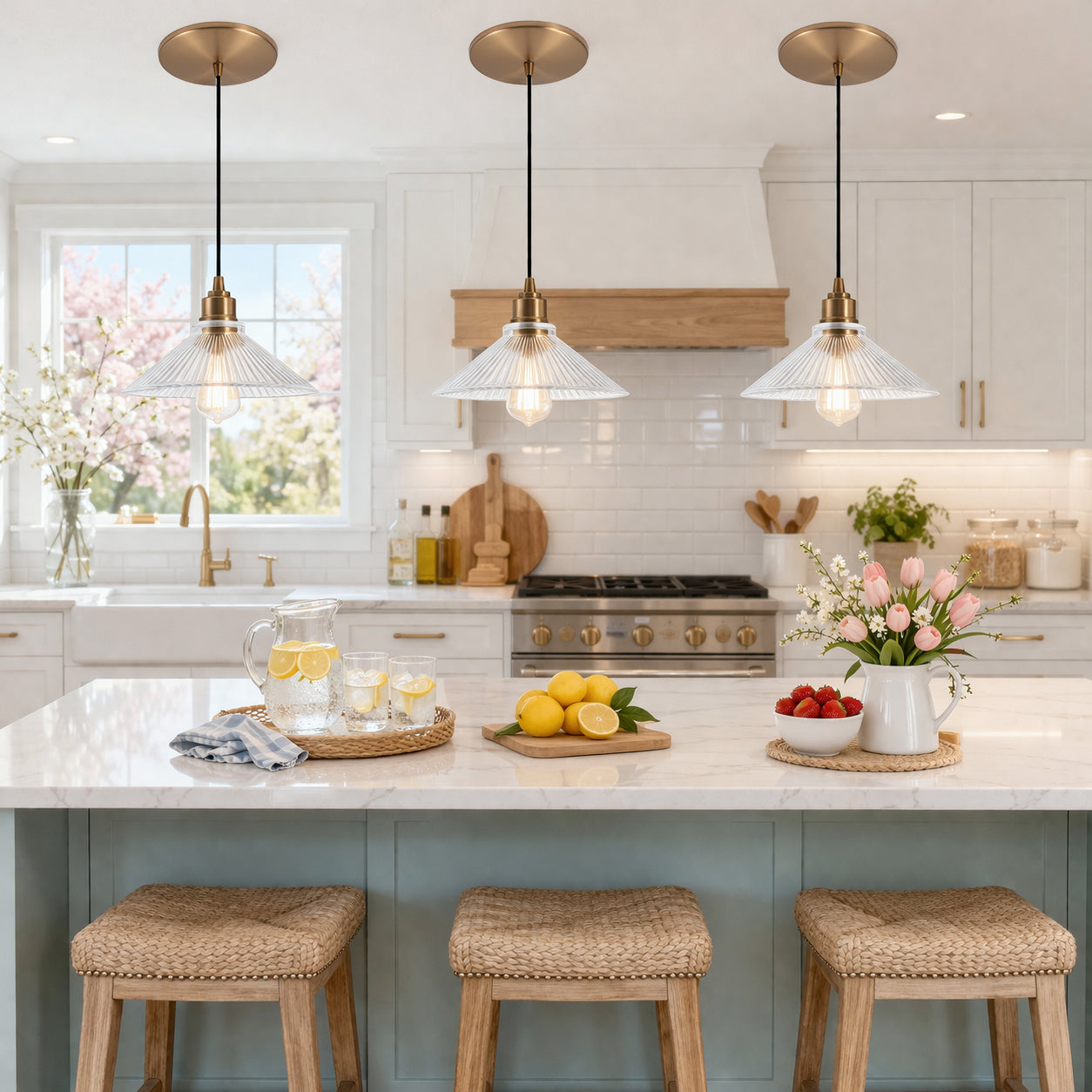 Satin Brass Ribbed Clear Glass Instant Pendant Recessed Can Conversion Kit