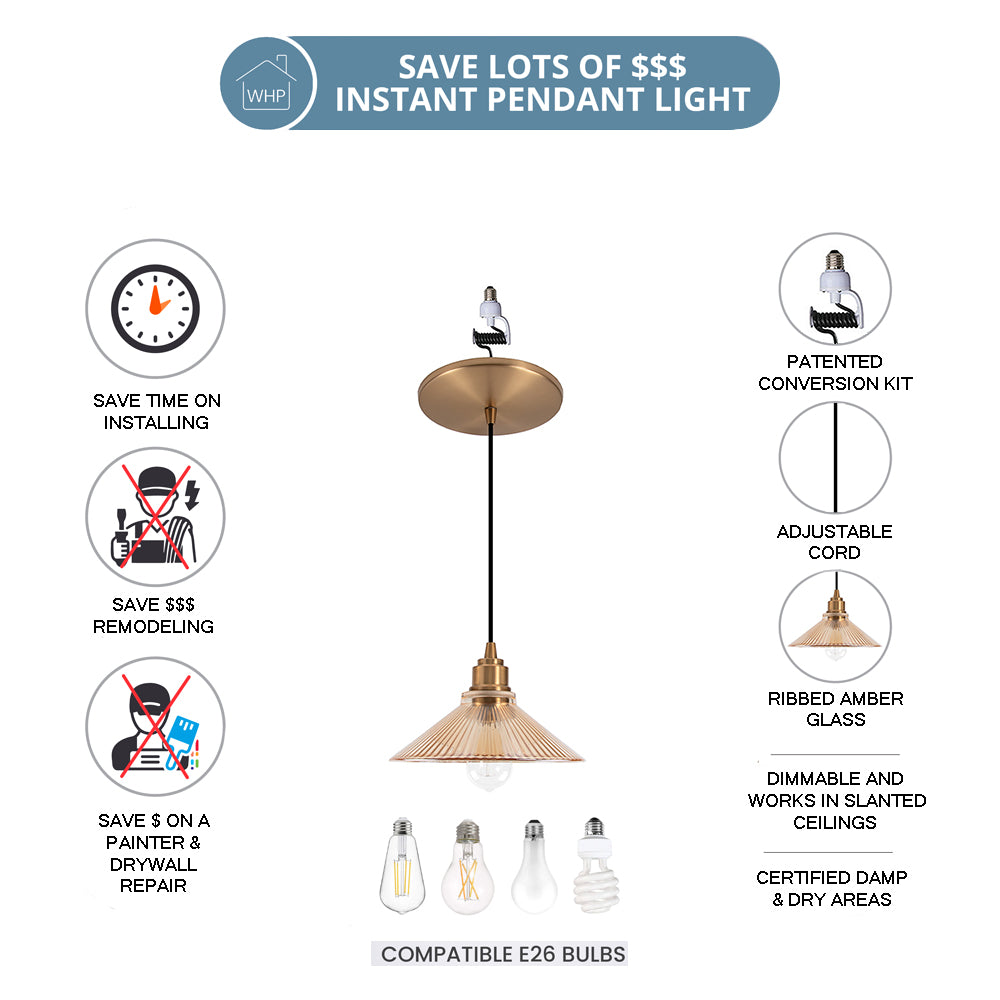 Satin Brass Ribbed Blush Glass Instant Pendant Recessed Can Conversion Kit