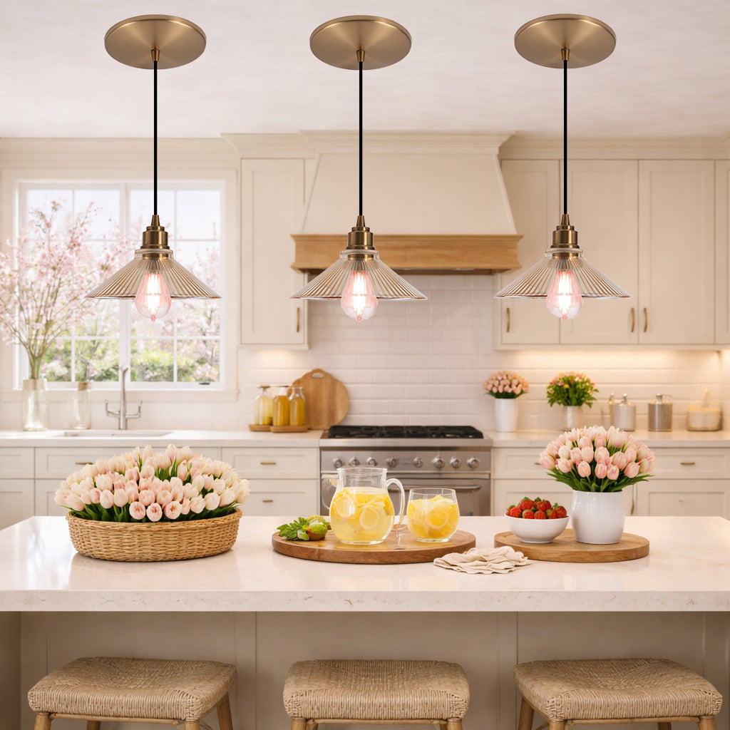 Satin Brass Ribbed Blush Glass Instant Pendant Recessed Can Conversion Kit