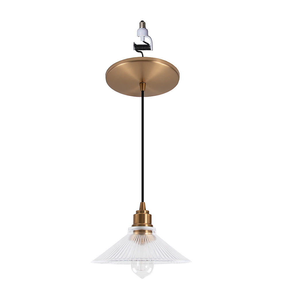 Satin Brass Ribbed Clear Glass Instant Pendant Recessed Can Conversion Kit