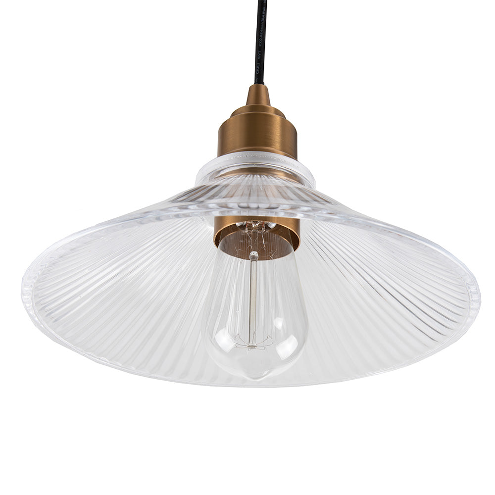 Satin Brass Ribbed Clear Glass Instant Pendant Recessed Can Conversion Kit