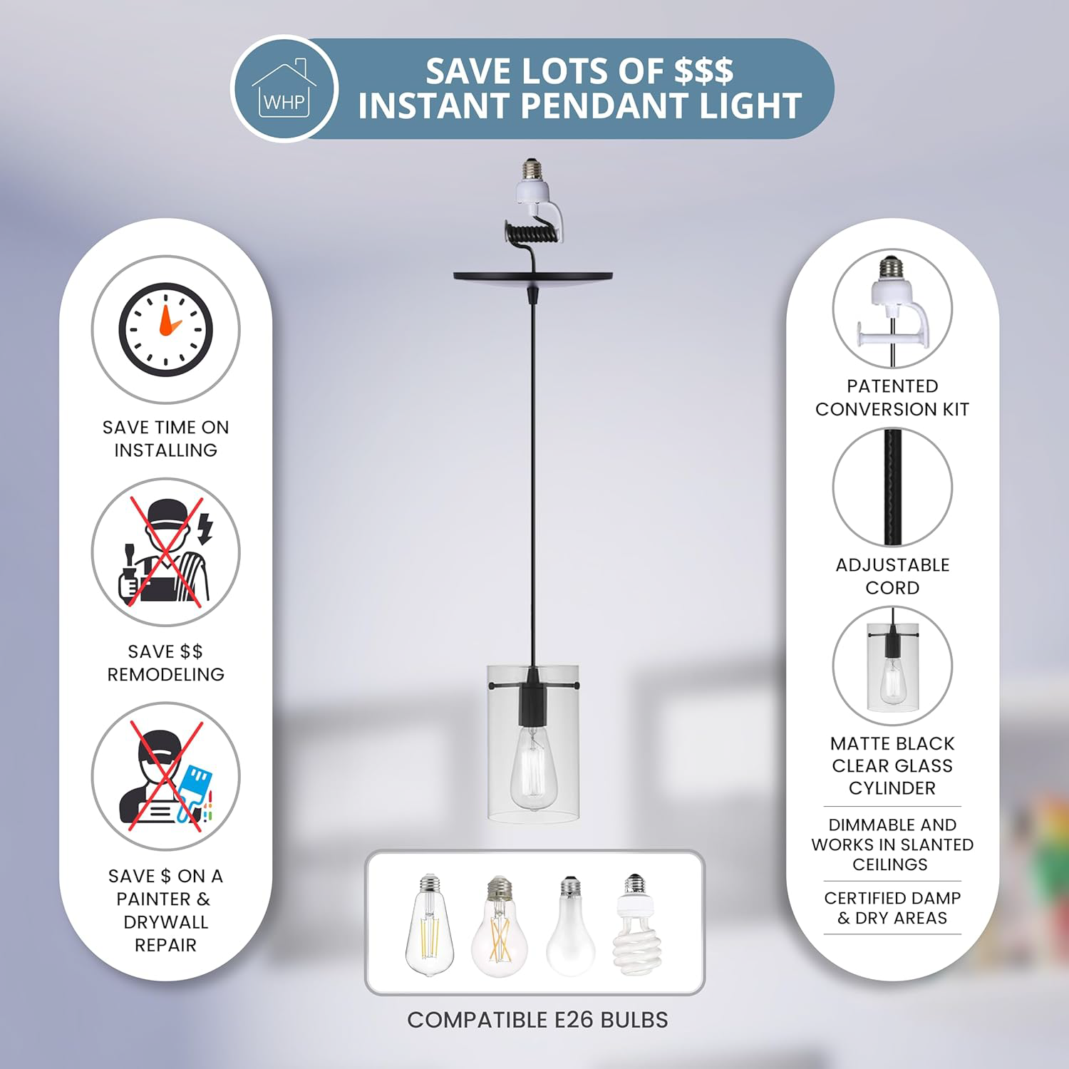 Matte Black Cylinder Glass Instant Pendant features an adjustable cord, save money on remodeling.