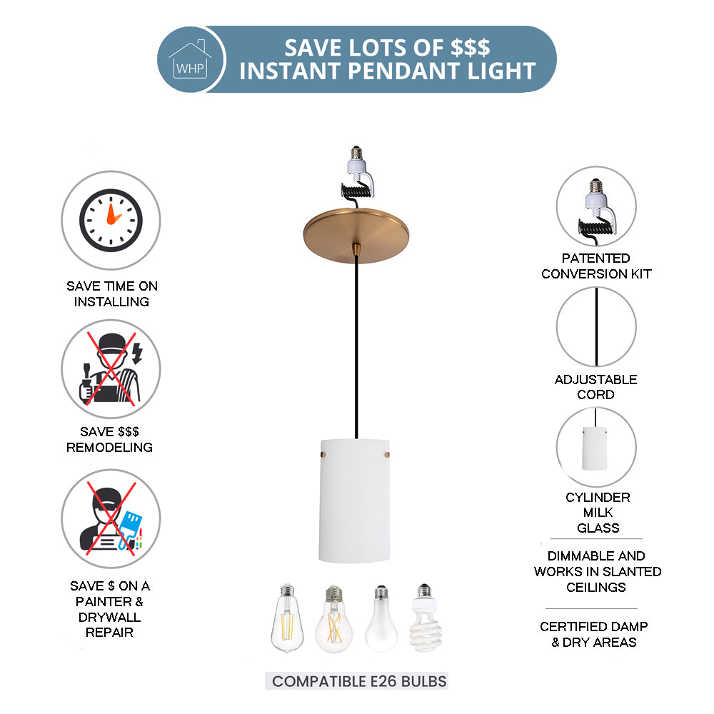 NEW Satin Brass Instant Pendant Light - Recessed Can Conversion Kit with Cylinder Milk Glass Shade