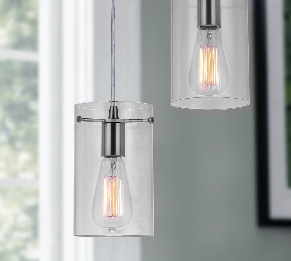 Lifestyle photo of Brushed Nickel Cylinder Glass Shade Instant Pendant Light in a living room