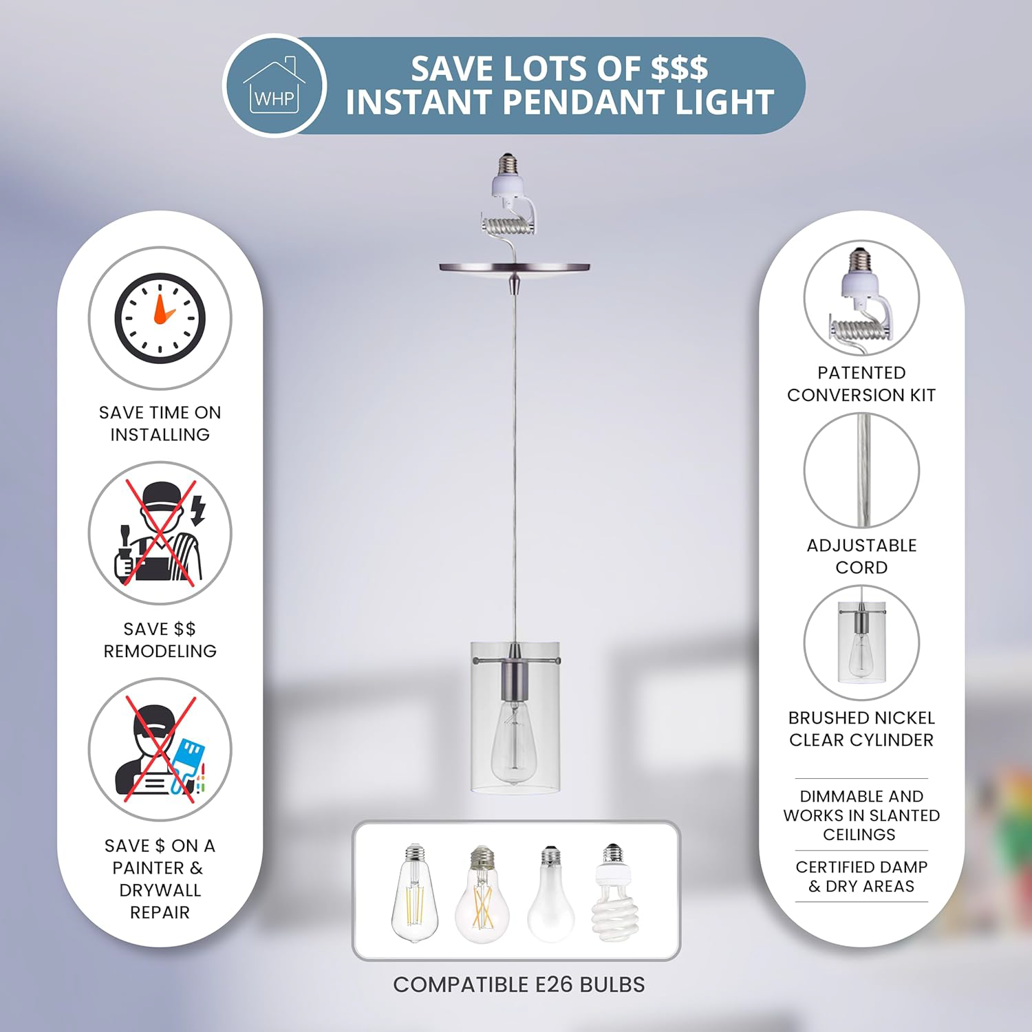 Instant Pendant Light Features brushed nickel hardware, clear cylinder shade, adjustable 48" cord