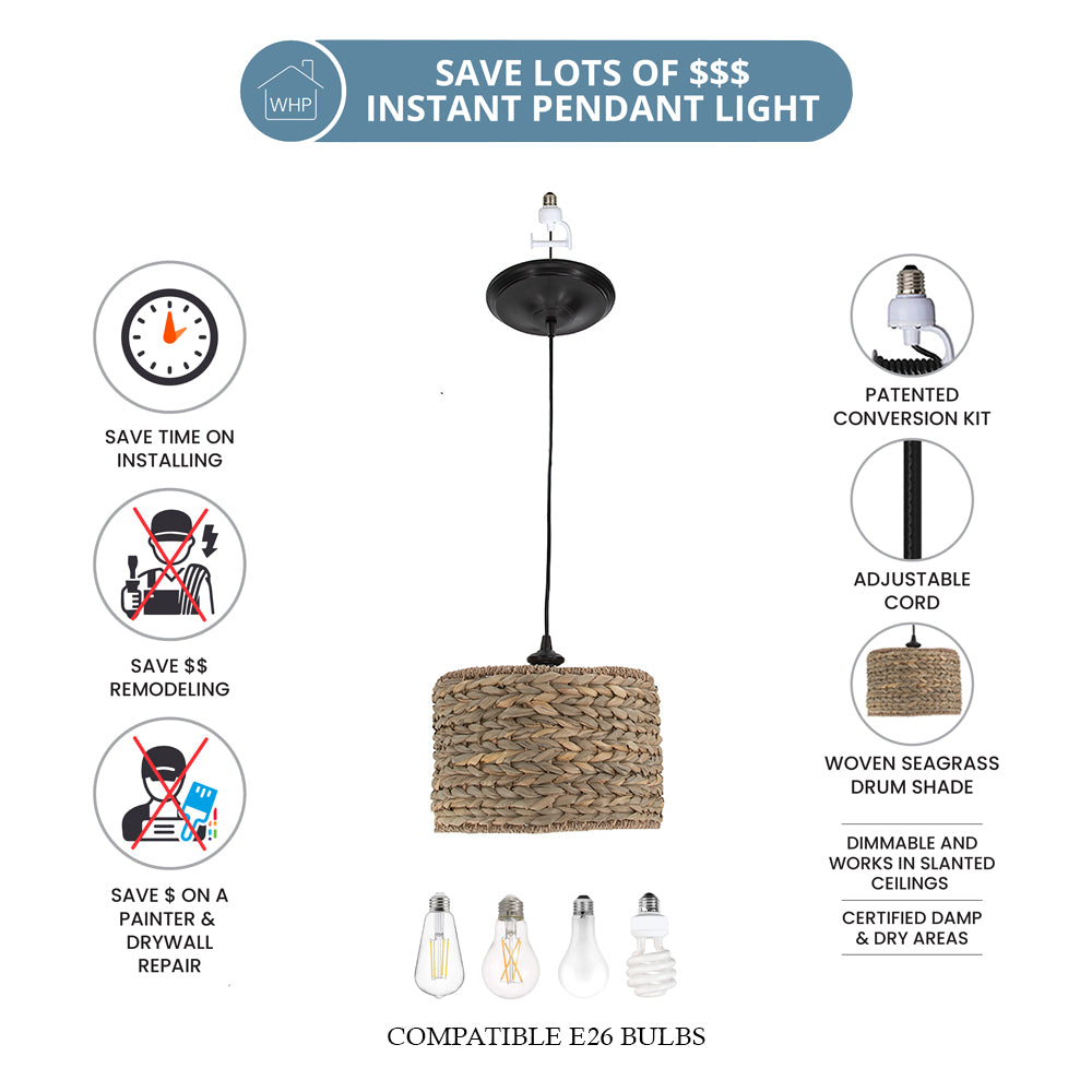 Brushed Bronze Instant Pendant Light - Recessed Can Conversion Kit with Woven Seagrass Drum Shade (New Shipment Arrives 6/5)