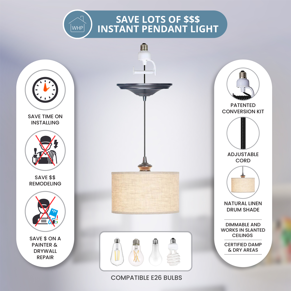 Features natural linen drum shade, adjustable cord up to 48", save money on remodeling