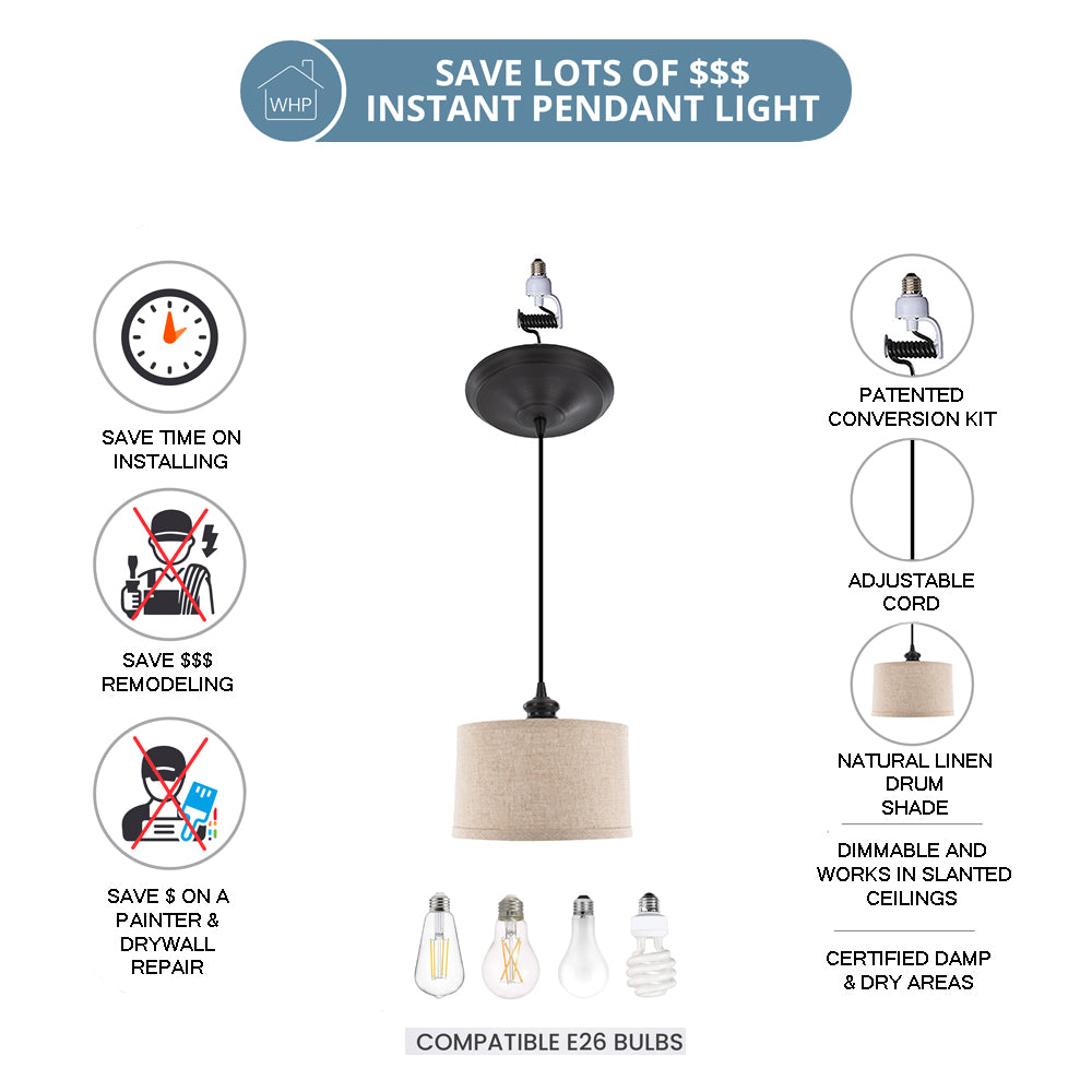 10" Linen Drum Shade Brushed Bronze Instant Pendant Recessed Conversion Kit
