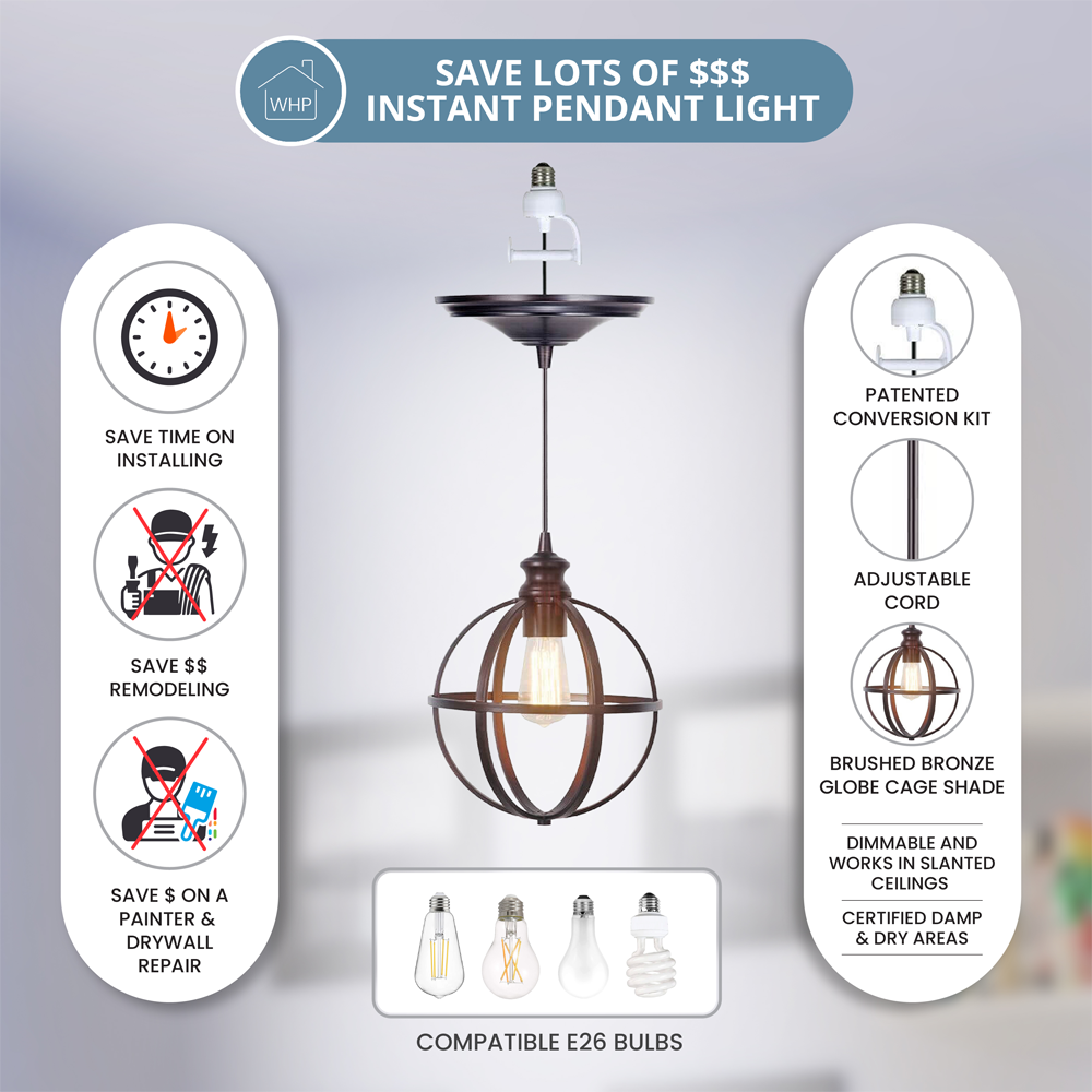 Cord adjusts up to 48". Brushed Bronze Globe cage shade. Save money on remodeling