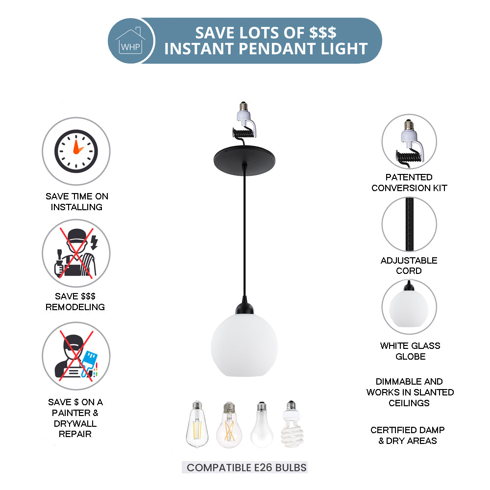 NEW Matte Black Milk Glass Globe Instant Pendant Recessed Can Conversion Kit