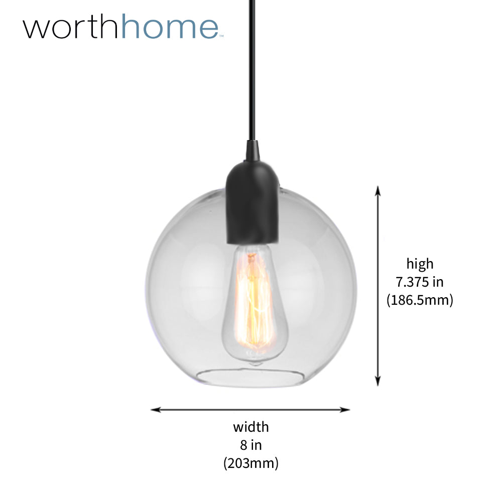 Matte Black Clear Glass Globe Instant Pendant shade by Worth Home measures 8" wide and 7.375" tall