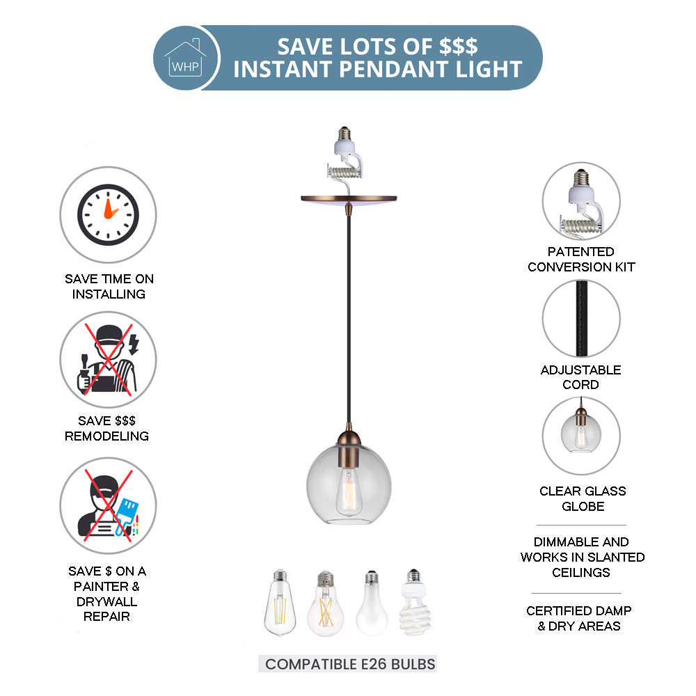 Satin Brass Clear Globe Instant Pendant featues an adjustable cord