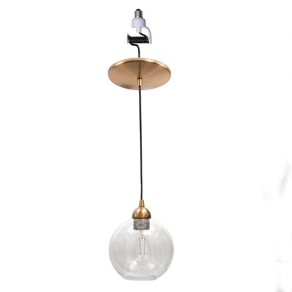 Satin Brass Clear Globe Instant Pendant Light converts boring recessed cans into stylish pendants